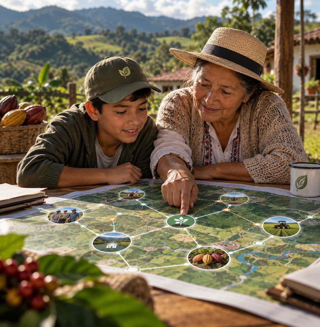 Mujer campesina y niño revisan un mapa del territorio con nodos de proyectos agrícolas